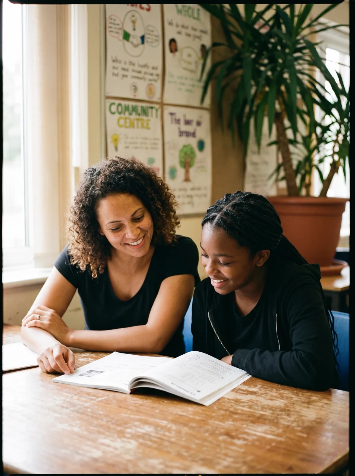 A mentor and a teenage girl reading a workbook together at a community centre table