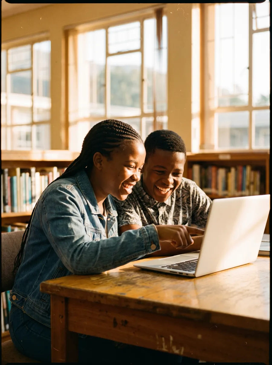 Two teenagers sharing a laptop at a library desk, delighted at the screen