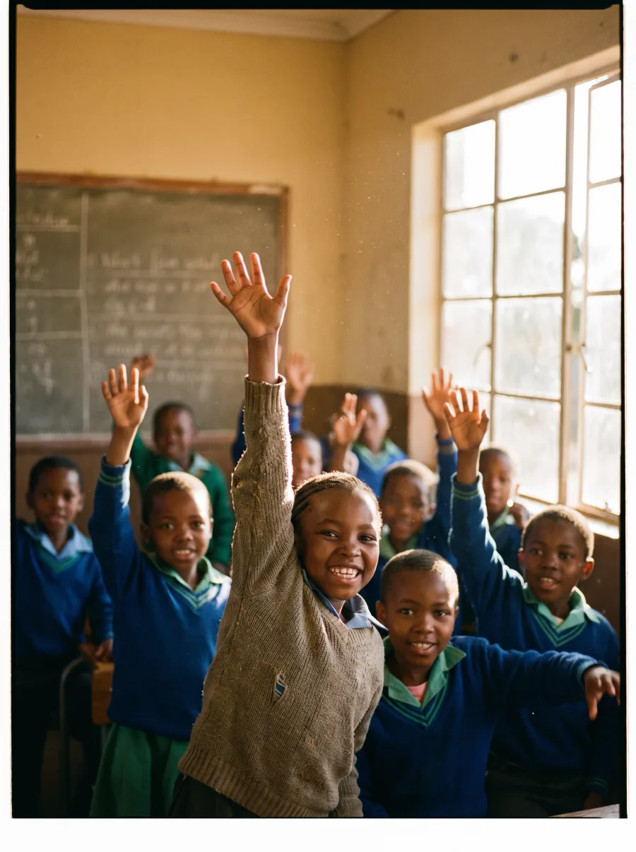 School learners raising their hands eagerly in a bright classroom