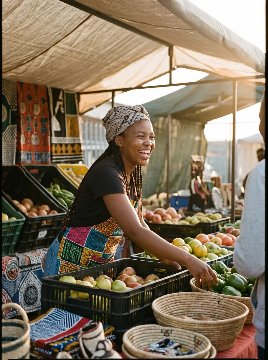 A young woman proudly arranging goods at her small market stall