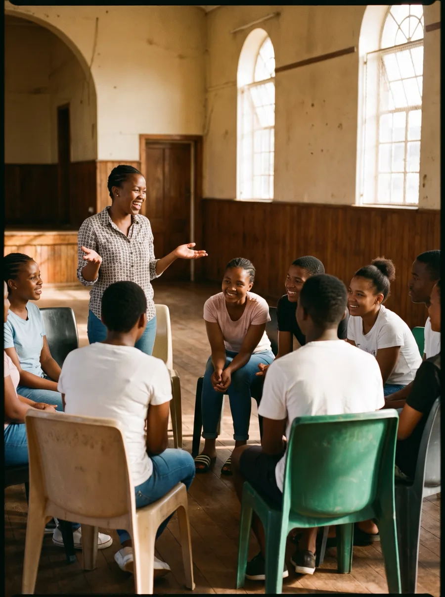 Young people in animated discussion at a community hall, one standing and speaking