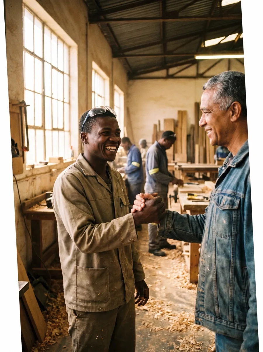 A young man in workwear shaking hands with his supervisor at a workshop